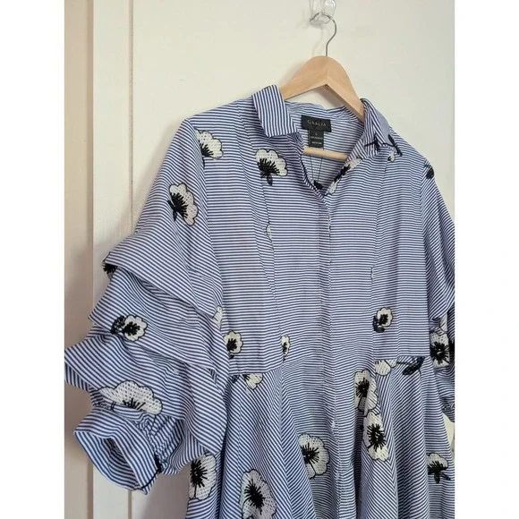 GRACIA Blue Stripe Floral Ruffle Sleeve Asymmetrical Shirt L Bold Statement Glam - Picture 4 of 11